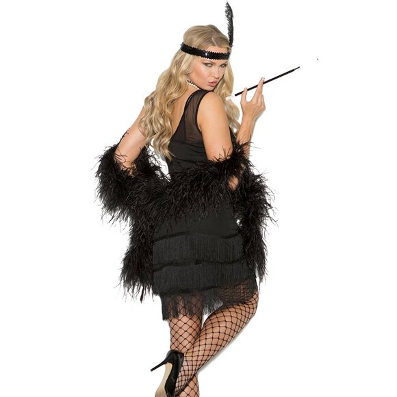 1920s Black Flapper Costume Fringe Dress & Feather Headpiece - Picture 2 of 6